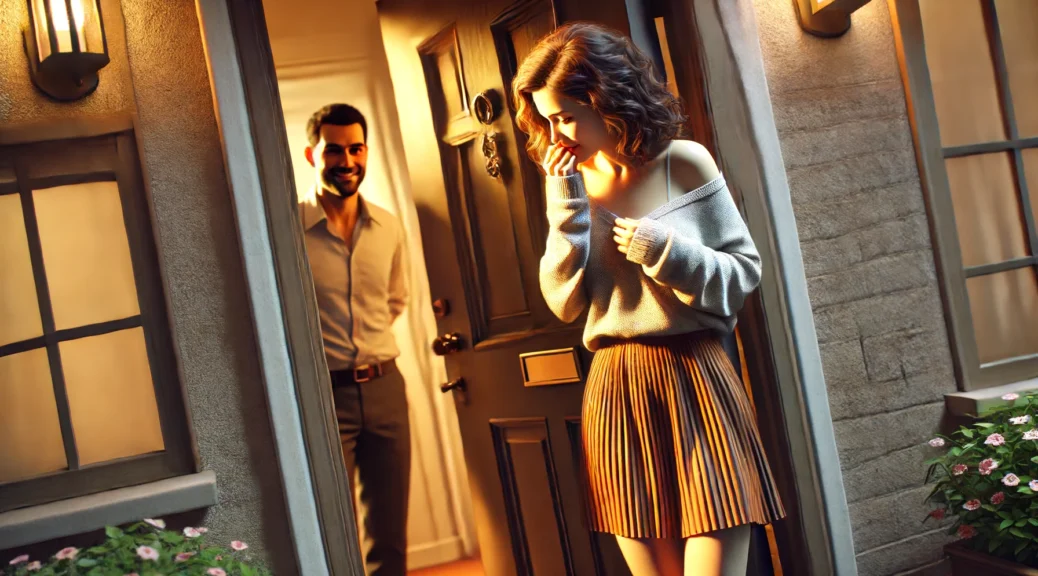 A woman stands nervously at the doorstep of a house, adjusting her skirt and taking a deep breath before knocking on the door. The door is slightly open, revealing a man standing inside, smiling warmly. The scene is filled with anticipation and excitement, with warm light spilling out from the doorway. The woman looks slightly flushed and nervous, while the man appears welcoming and inviting.